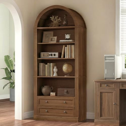 Farmhouse Arched Bookshelf, 7 Tiers Arch Bookcase with 2 Spacious Drawers, view 5