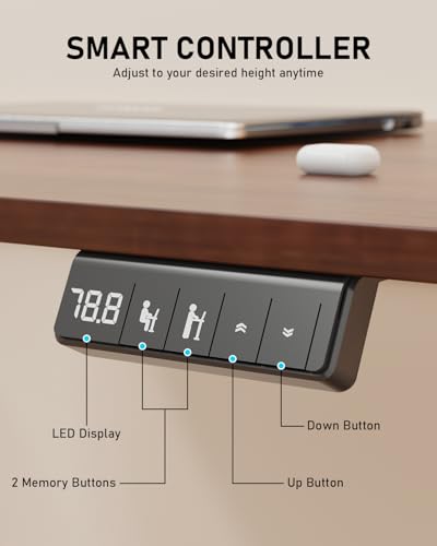 63" Electric Standing Desk Adjustable Height, Sit Stand up Desk for Home Office & Computer Workstation, 2 Memory Height Settings, Splice Board, 2 Hooks, Black Frame/Walnut Top