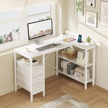 L Shaped Desk with Shelf Drawers 47 Inch, White Corner Computer Desks Gaming with Power Outlet, Study Table with Adjustable Shelves, Home Office Tables for Bedroom Teacher Reading Writing