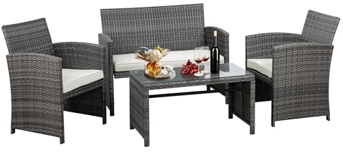 4 Piece Outdoor Patio Furniture Set, Outdoor Wicker Rattan Chairs Conversation Sets with Cushions & Coffee Table for Outside, Garden, Balcony, Porch, Beige