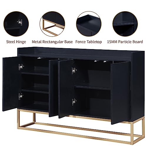 LUMISOL Modern Sideboard Storage Cabinet with Doors and Adjustable Shelves Wooden Kitchen Sideboard Buffet Cabinet with Metal Base and Fence Tabletop, Black