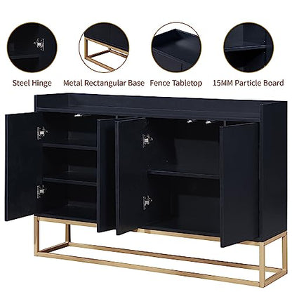 LUMISOL Modern Sideboard Storage Cabinet with Doors and Adjustable Shelves Wooden Kitchen Sideboard Buffet Cabinet with Metal Base and Fence Tabletop, Black