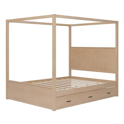 Queen Size Wood Canopy Bed Frame with Trundle & Drawer for Bedroom, Natural, view 8