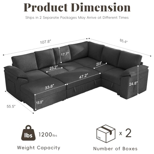 108 Inch Sectional Sleeper Sofa Bed with Pull Out Couch, U Shaped 7 Seat Cloud Modular Sectional Sofa with Storage, Corduroy Sectional Couches for Living Room, Removable Sofa Cover, Dark Grey