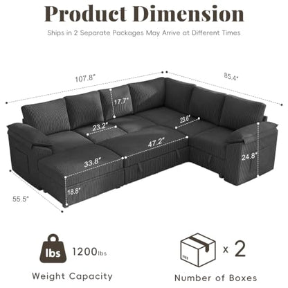 108 Inch Sectional Sleeper Sofa Bed with Pull Out Couch, U Shaped 7 Seat Cloud Modular Sectional Sofa with Storage, Corduroy Sectional Couches for Living Room, Removable Sofa Cover, Dark Grey