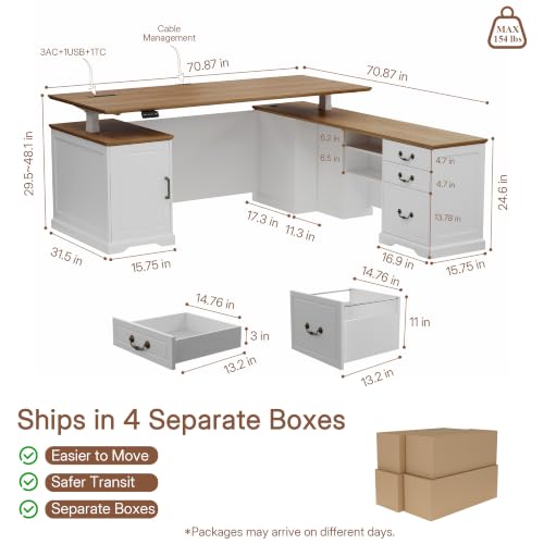 71" L Shaped Executive Desk with File Cabinet Drawers Outlet USB, view 3