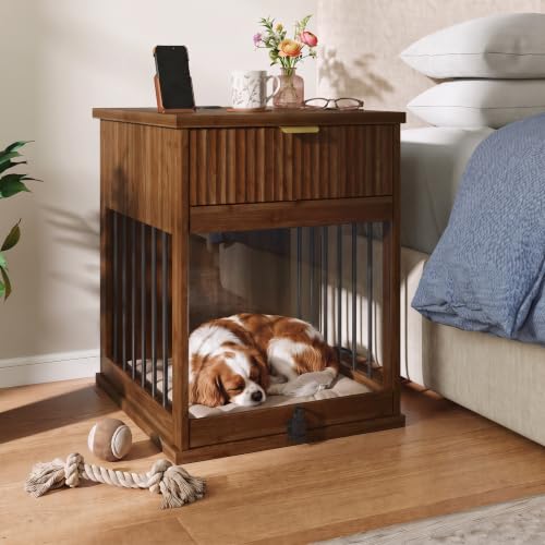 Dog Crate End Table with Charging Station, Hideaway Glass Door Pet Kennel, view 3