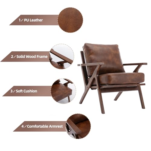 Mid-Century Modern Accent Chair with Wood Frame, PU Leather Living Room Chair and Soft Thick Padded Armchair for Living Room Bedroom Reception with Removable Upholstered Cushions, Reddish Brown