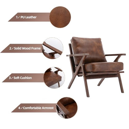 Mid-Century Modern Accent Chair with Wood Frame, PU Leather Living Room Chair and Soft Thick Padded Armchair for Living Room Bedroom Reception with Removable Upholstered Cushions, Reddish Brown