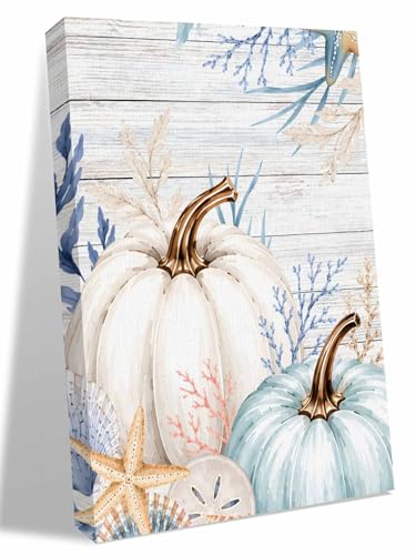 NuYeBiofx Thanksgiving Fall Pumpkins Canvas Wall Art Prints,48"x32" Framed Picture Artwork Starfish Shell on Farm Wood Printed Canvas Oil Painting for Living Room Bedroom Office,Ready to Hang