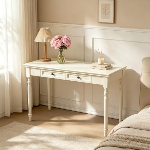 47” Solid Wood Writing Desk with Drawers, White, view 4