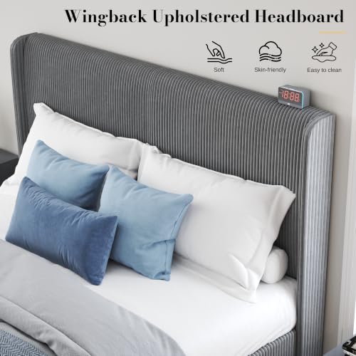 Queen Bed Frame, Upholstered Platform Bed with Corduroy Headboard, Grey, view 4