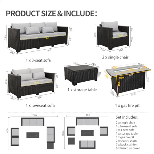 6 Pcs Outdoor Furniture Sets Patio Furniture Set with 45" Fire Pit Patio Couch Outdoor Chairs 60000 BTU Steel Propane Fire Pit Table No-Slip Cushions and Waterproof Covers, Light Grey