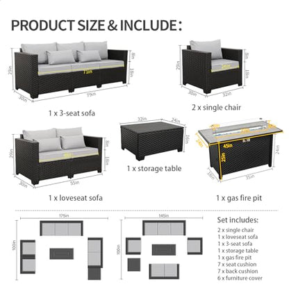 6 Pcs Outdoor Furniture Sets Patio Furniture Set with 45" Fire Pit Patio Couch Outdoor Chairs 60000 BTU Steel Propane Fire Pit Table No-Slip Cushions and Waterproof Covers, Light Grey