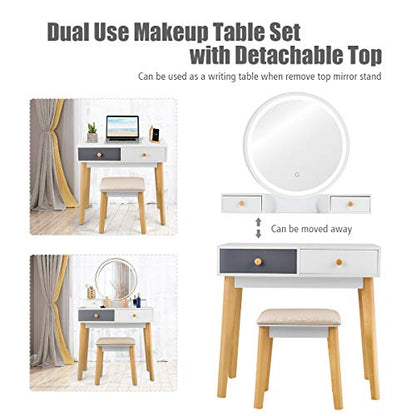 Vanity Set with Lighted Mirror, 3 Color Touch Screen Dimming Mirror, Adjustable Brightness, Bedroom Makeup Dressing Table with 4 Drawers and Cushioned Stool for Girls Women, White & Gray