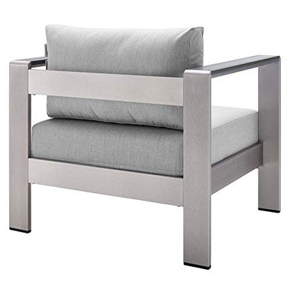 Shore Aluminum 4 Piece Outdoor Patio Furniture Set | Weather Resistant | Sunbrella Cushions | Sofa, Armchairs, Coffee Table