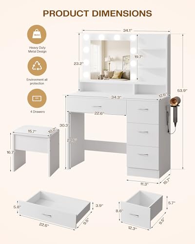 White Makeup Vanity Desk with Charging Station & 4 Drawers, view 3