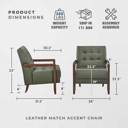 Modern Accent Chair, Luxury Genuine Leather Match Living Room Chair with Tufted Cushions, Solid Wood Frame and Arm Rest, Comfy Upholstered Single Seat for Bedroom/Reading/Office, Green