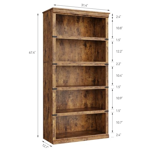 5 Tier Bookcase, Farmhouse Book Shelf with Storage, 71" Tall Book Case Wooden 5 Shelf Bookcase for Home Office, Living Room, Bed Room (Vintage, 67.4" H x 31.5" W x 12.8" D)