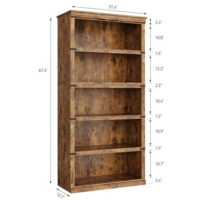 5 Tier Bookcase, Farmhouse Book Shelf with Storage, 71" Tall Book Case Wooden 5 Shelf Bookcase for Home Office, Living Room, Bed Room (Vintage, 67.4" H x 31.5" W x 12.8" D)