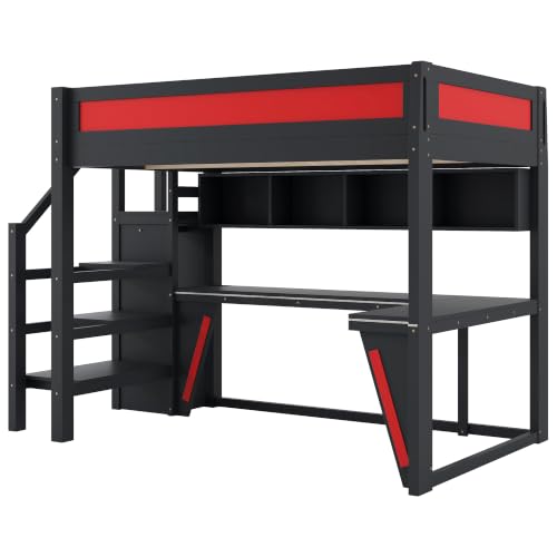 JIVOIT Full Size Gaming Loft Bed Frame with Desk, Wardrobe, Side Ladder, Shelves (Black+Red/ 66)