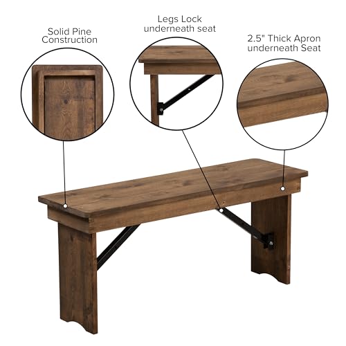 Hercules Series 40" x 12" Commercial Grade Rustic Solid Pine Folding Bench, Antique Farmhouse Dining Bench, Seats up to 2 Adults | Foldable Locking Legs, Farmhouse