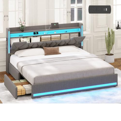 King Size Bed Frame with 4 Drawers, Headboard and Storage, Gray, view 2