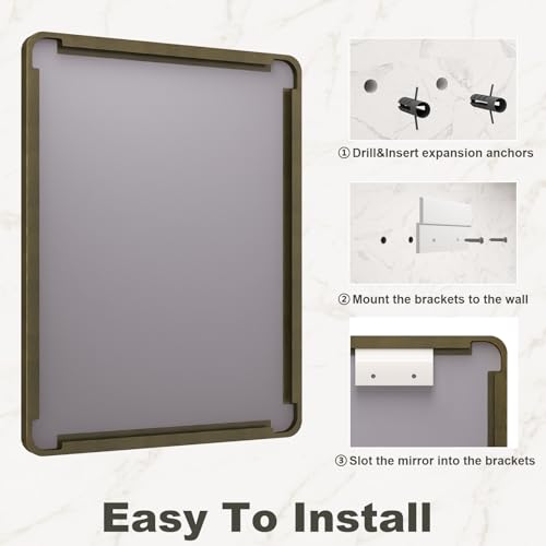 24x36 Inch Bronze Framed Bathroom Mirror, Rectangle Brushed Bronze Metal Vanity Mirror, Small Modern Wall Mirror, Rounded Corner, Tempered Glass, Anti-Rust, Shatterproof (Horizontal/Vertical)