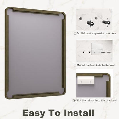24x36 Inch Bronze Framed Bathroom Mirror, Rectangle Brushed Bronze Metal Vanity Mirror, Small Modern Wall Mirror, Rounded Corner, Tempered Glass, Anti-Rust, Shatterproof (Horizontal/Vertical)
