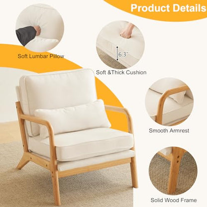 Bonnlo Coarse Beige Accent Chairs Set of 2, Upholstered Mid Century Modern Lounge Fabric Chairs Reading Chairs Side Sitting Chair Solid Wood Farmhouse Armchairs for Living Room, Bedroom, Guest Room