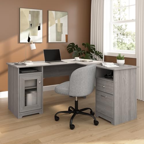 Bush Home Cabot 60W L Shaped Computer Desk with Storage in Modern Gray, 60-inch Corner Table with Drawers for Home Office Workspace