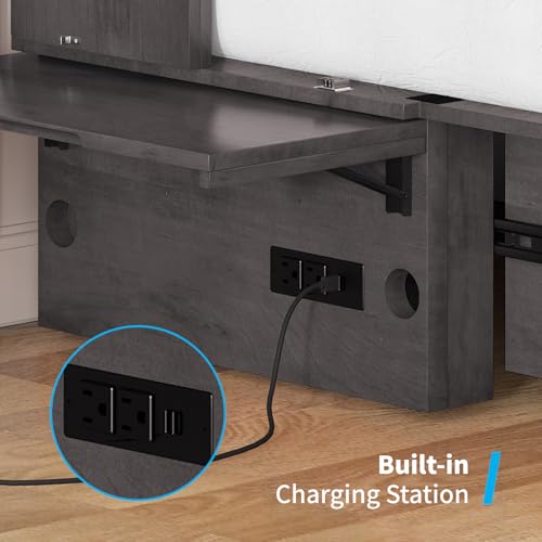 Queen Murphy Bed Cabinet with Drawers, Modern Versatile Wood Chest Cabinet Wall Bed with USB Charging Station, Wooden Guest Beds for Bedroom Home Apartment, No Tri-Fold Mattress - Dark Grey
