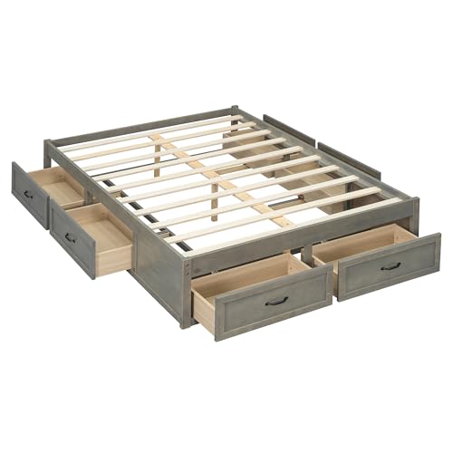 JIVOIT Full Size Bed Frame with 6 Storage Drawers, Wood Platform Bed Frame with Spacious Storage, Wooden Slats Support, No Box Spring Needed, Easy Assembly (Antique Gray/Full)