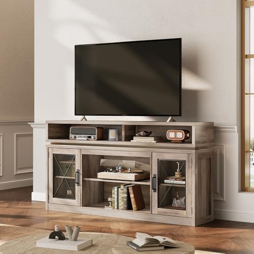 Farmhouse TV Stand for TVs Up to 65" with LED & Top Shelf, Gray Oak, view 3