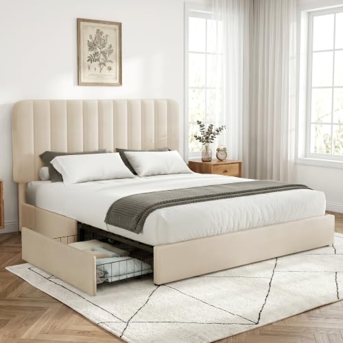King Size Upholstered Bed Frame with 4 Drawers and Headboard, view 3