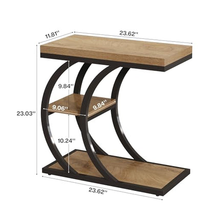 Tribesigns End Table for Living Room, 3-Tier Narrow Wood Couch C-Shaped Side Table with Storage, Industrial Nightstand for Bedroom, Small Spaces, Natural