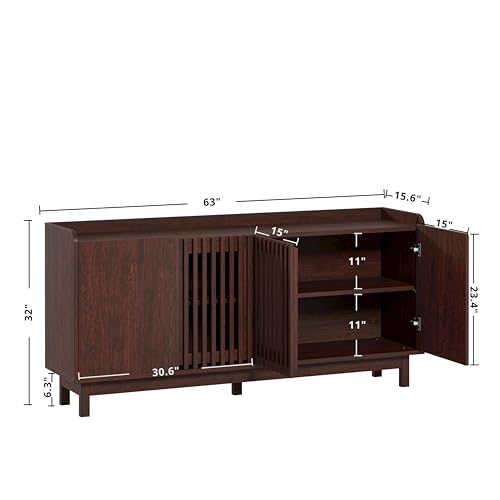 Storage Cabinet with Grille Doors, Natural Red Walnut | 2 Adjustable Shelves