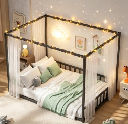 Full Canopy BedFrame with led, Metal Montessori House Floor Bed, view 2