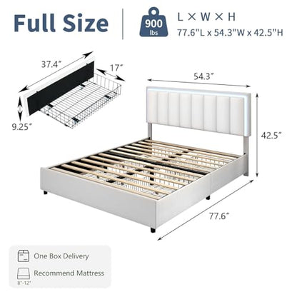 White faux leather platform bed with storage drawers and LED lights, view 3