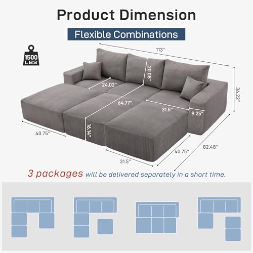 Sectional Cloud Boneless Sofa Bed Couches for Living Room-113'' Gray 3 Seater Modern Lounge Sleeper Couch-No Assembly-Modular Corduroy Convertible Sponge Compression Sofas with Chaise for Home House