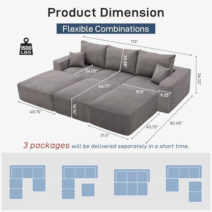 Sectional Cloud Boneless Sofa Bed Couches for Living Room-113'' Gray 3 Seater Modern Lounge Sleeper Couch-No Assembly-Modular Corduroy Convertible Sponge Compression Sofas with Chaise for Home House