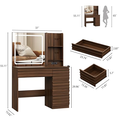 Makeup Vanity Desk with Lights, Fluted Vanity with 4 Drawers, Open Shelves, view 3