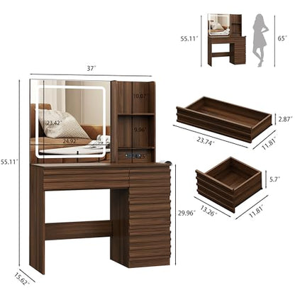 Makeup Vanity Desk with Lights, Fluted Vanity with 4 Drawers, Open Shelves, view 3