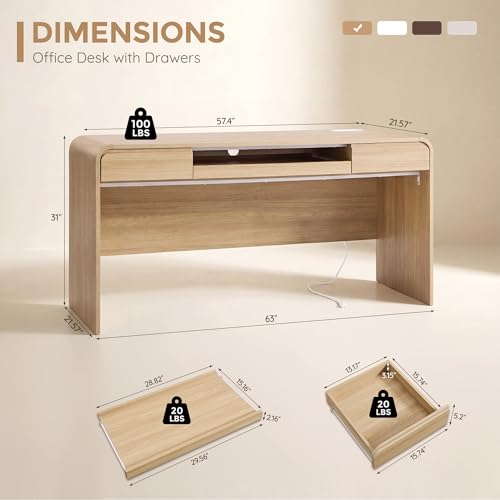 63" Modern Computer Desk with 2 Drawers, Wood Curved (Natural), view 3
