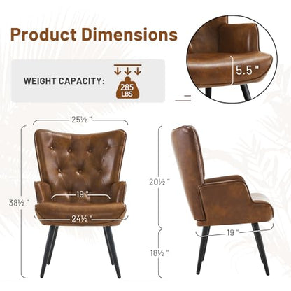 PU Leather Accent Chair for Living Room, Upholstered Reading Chair with High Backrest, Tufted-Button Wingback Armchair for Bedroom, Dressing Room, Home Office, Brown, Set of 2