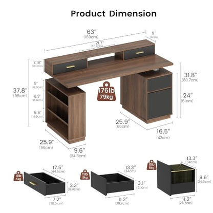 63" L Shaped Electric Standing Desk with 6 Drawers File Cabinet, view 3