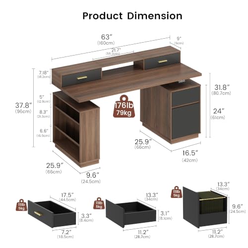 63" Executive Standing Desk with 4 Drawers & File Cabinet, view 3