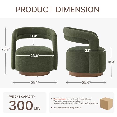 Swivel Accent Chair, Upholstered Barrel Chair with Open Back Design, Modern Arm Chair with Wooden Base for Living Room Bedroom Reading Waitingroom, Green