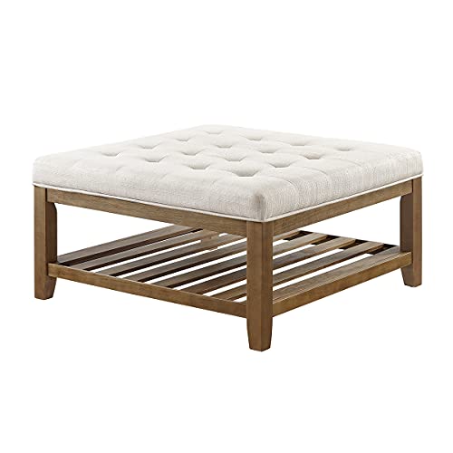 Large Square Upholstered Tufted Linen Ottoman Coffee Table, Large Footrest Ottoman with Solid Wood Shelf-Ivory