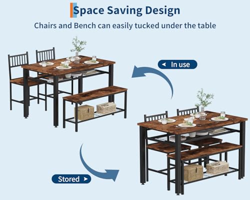Modern Dining Table Set for 4, Kitchen Table for 4 with Chairs &Storage Bench,47 "Rectangular Dining Room Set with Bench,4 Piece Kitchen Table Set for Small Space/Apartment(Brown)